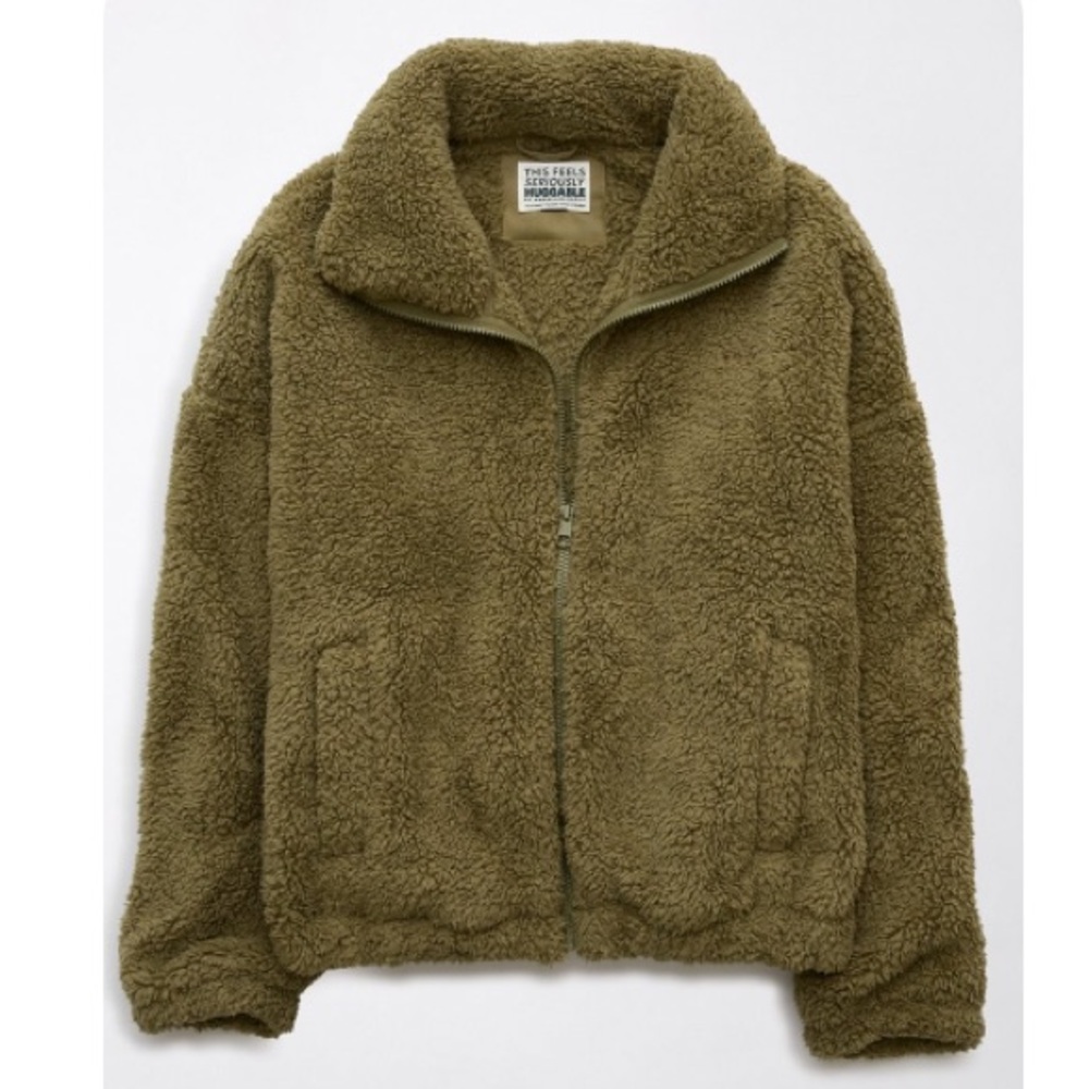 American Eagle AE zip up bear hug sherpa sweatshirt - Olive Green - Size M